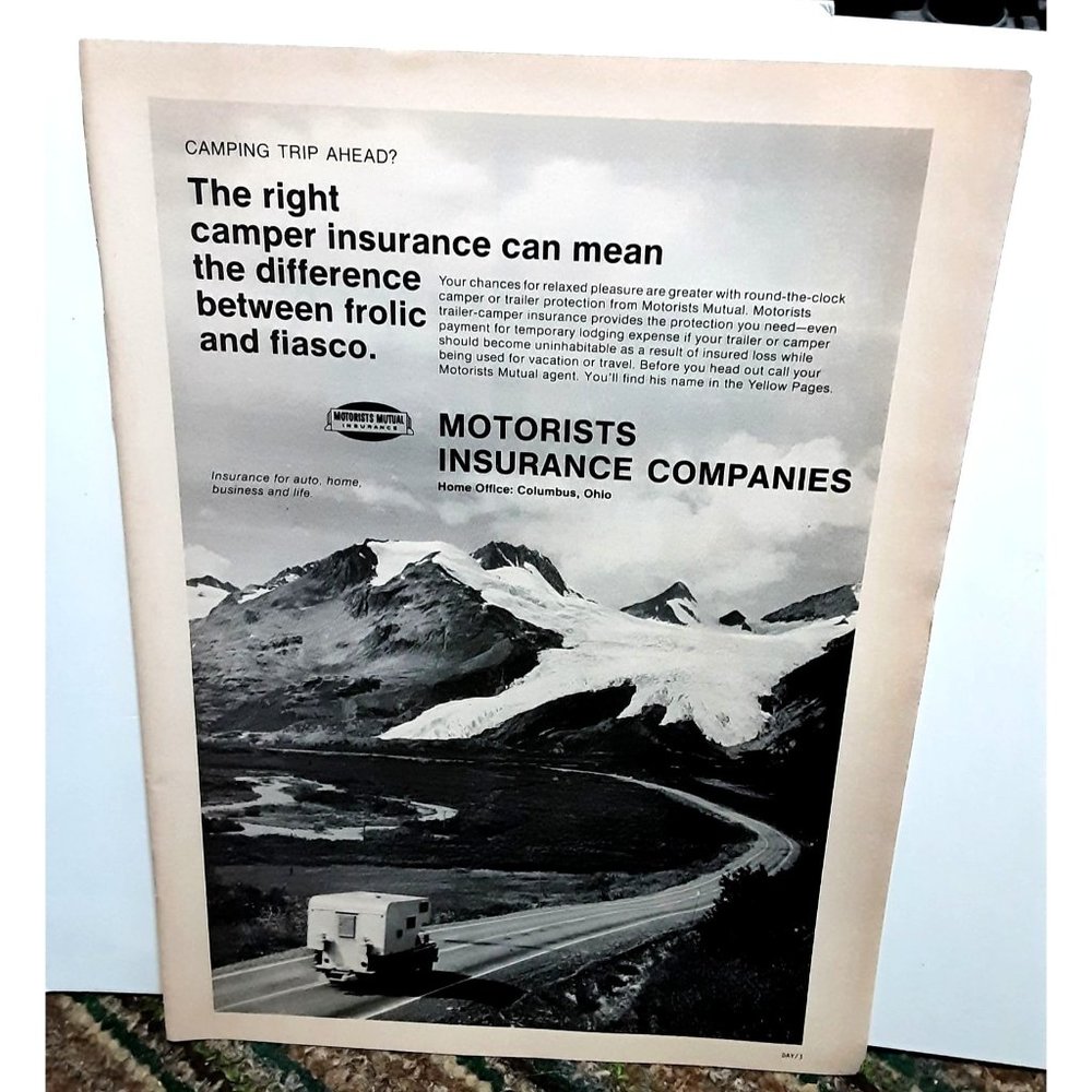 1972 Motorist Insurance Company Camper camping Print Ad vintage 70s